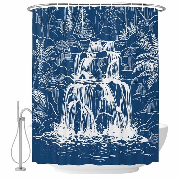 Waterfall Shower Curtains for Bathroom, Waterproof Bath Curtains Decor, Bath Tub Curtain Blue Chic Vintage Tree Plants Natural Scenery Art Decorative Shower Curtain Sets with 12 Hooks, 72x72 Inch