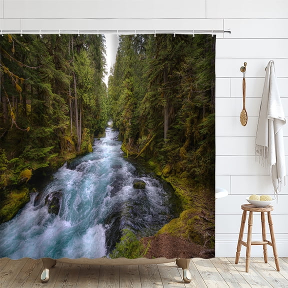 Waterfall Shower Curtains Spring Tropical Green Jungle Primeval Forest Park Natural Floral
