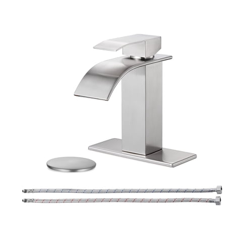 Waterfall Single Handle Single Hole Bathroom Faucet with Drain Kit Included in Brushed Nickel
