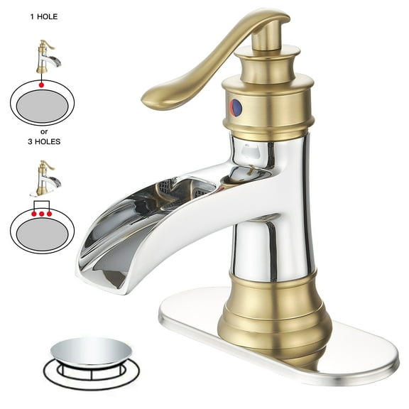 Waterfall Single Handle Single Hole Low-Arc Bathroom Faucet Bathroom Drip-Free Vanity Sink Faucet in Chrome & Gold
