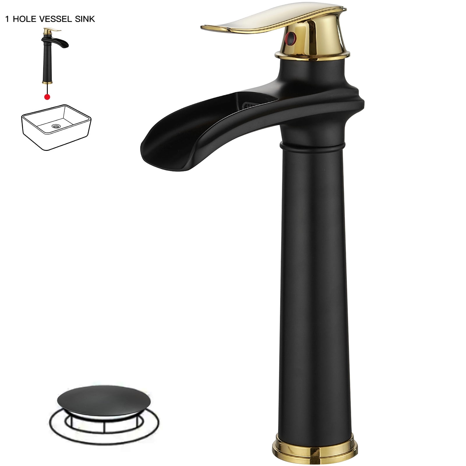 Gold and Black Waterfall Single Handle Bathroom Vessel Faucet