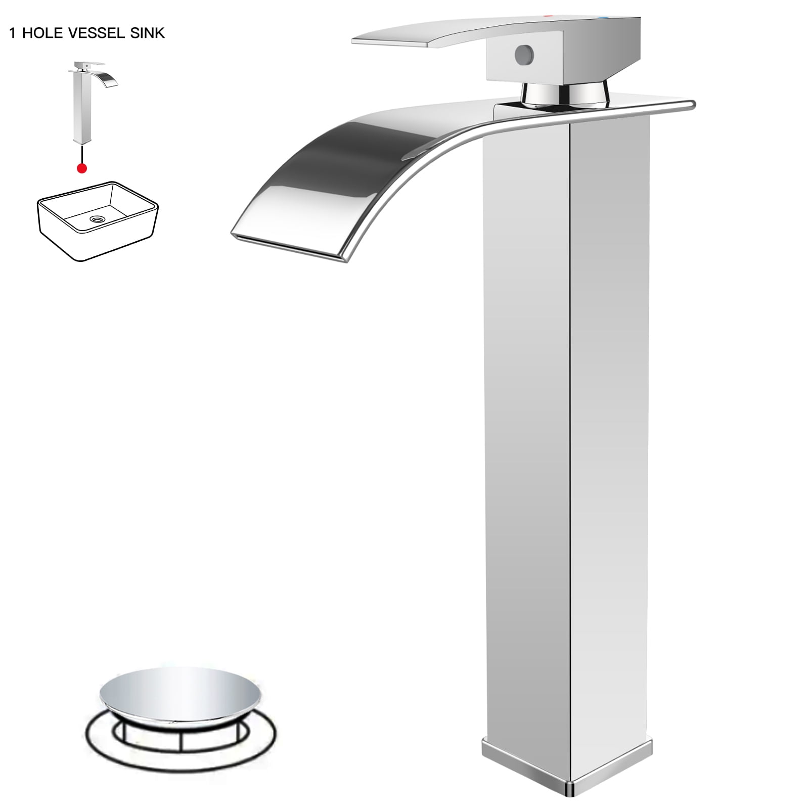 Polished Chrome Waterfall Vessel Sink Faucet with Lever Handle