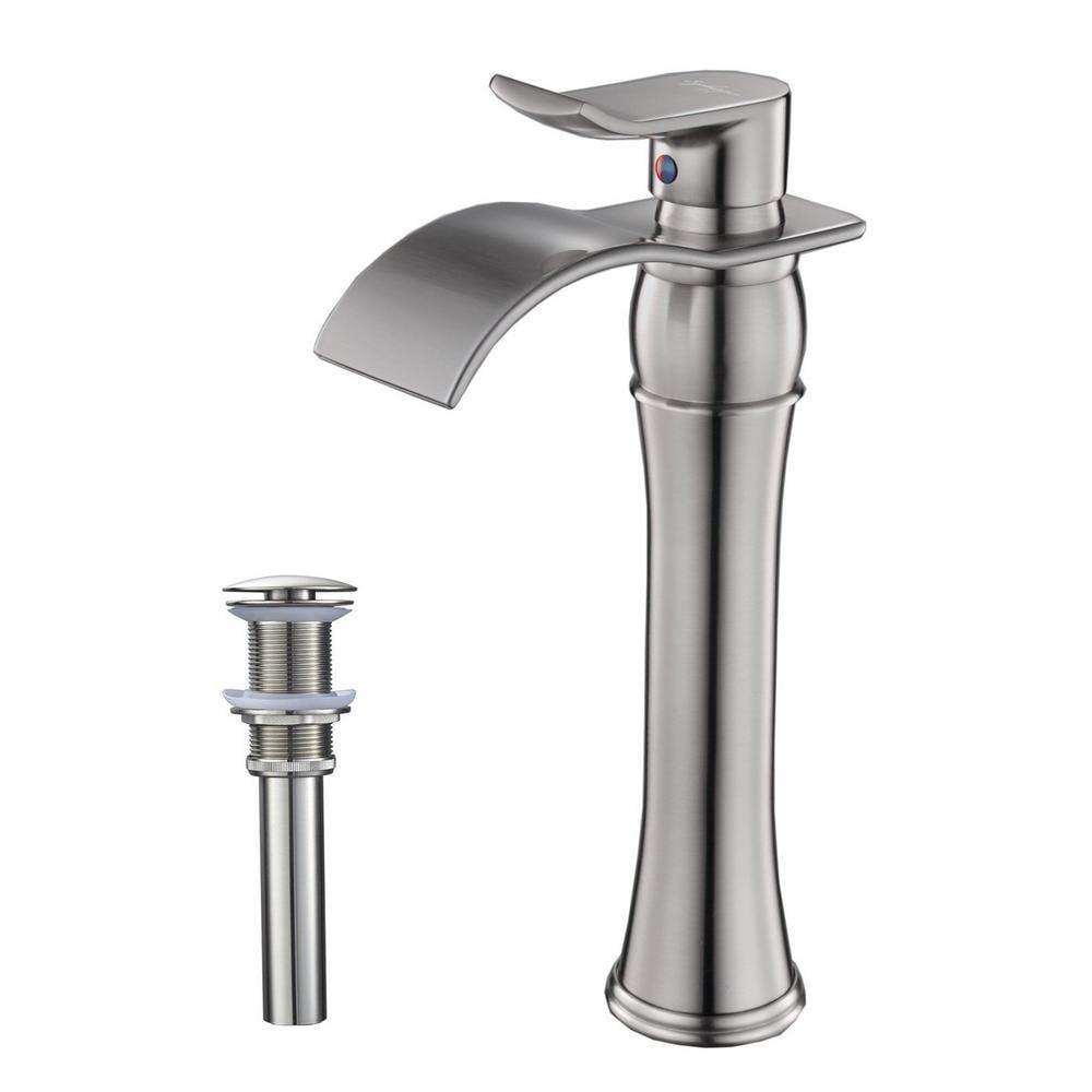 Brushed Nickel Waterfall Vessel Bathroom Faucet with Pop-Up Drain