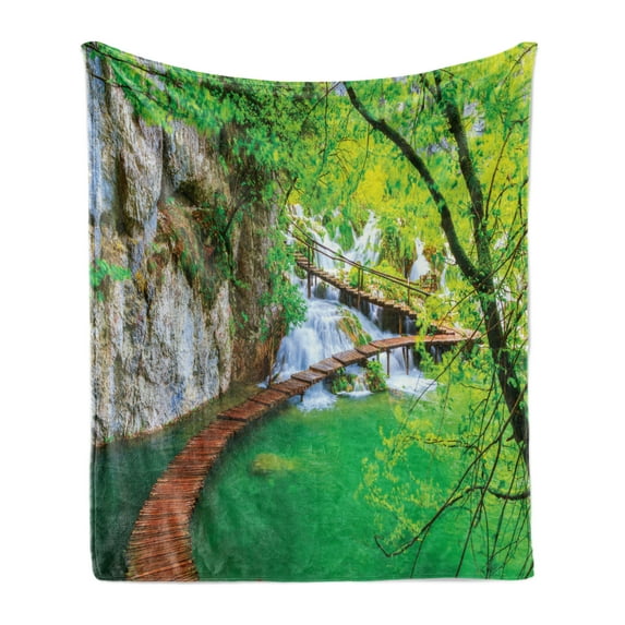 Waterfall Soft Flannel Fleece Blanket, Cascade Path over the Lake by the Waterfall and Hills Mother Nature Theme Idyllic, Cozy Plush for Indoor and Outdoor Use, 50" x 70", Green Grey, by Ambesonne