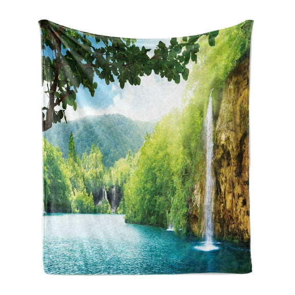 Waterfall Soft Flannel Fleece Blanket, Croatian Lake Landscape in Forest with Mountain View Background Work of Art, Cozy Plush for Indoor and Outdoor Use, 70" x 90", Green and Blue, by Ambesonne