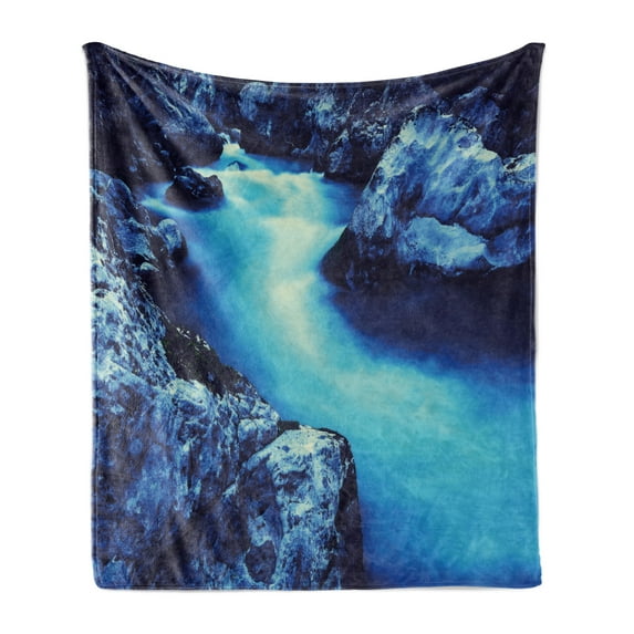 Waterfall Soft Flannel Fleece Blanket, Frozen Dangerous Lake with Atmosphere of a Cave and Snow on the Rocks Nature, Cozy Plush for Indoor and Outdoor Use, 60" x 80", Blue and Black, by Ambesonne