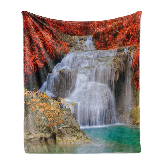 Waterfall Soft Flannel Fleece Blanket, Lake Landscape Forest Surrounded by Autumn Leaves on Fall Season Trees, Cozy Plush for Indoor and Outdoor Use, 60" x 80", Blue White and Orange, by Ambesonne