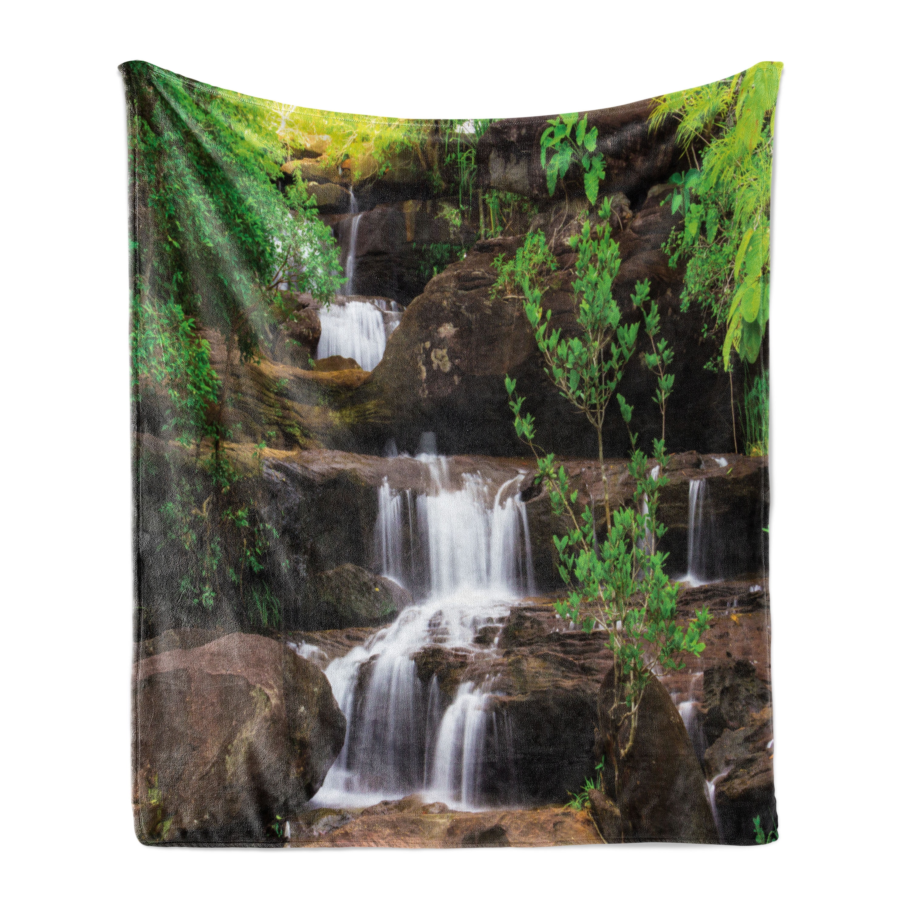 Waterfall Soft Flannel Fleece Blanket, Little Waterfalls Flow on Rock  Stairs Surrounded by Long Plants Earth, Cozy Plush for Indoor and Outdoor  Use, 50 x 60, Brown White and Green, by Ambesonne 