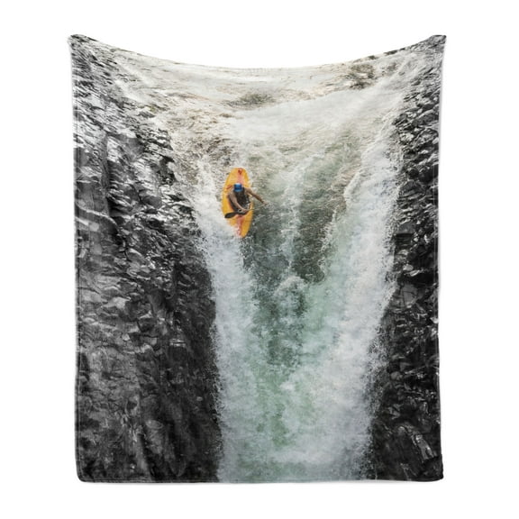 Waterfall Soft Flannel Fleece Blanket, Photo of Man Kayaking in Canoe Flowing Wild Water Nature Extreme Outdoors Print, Cozy Plush for Indoor and Outdoor Use, 50" x 60", Multicolor, by Ambesonne