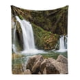 thumbnail image 1 of Waterfall Soft Flannel Fleece Blanket, Photo of Mother and Baby Waterfalls by the Mountain Side with Moss on Rocks, Cozy Plush for Indoor and Outdoor Use, 50" x 70", Green and Brown, by Ambesonne, 1 of 5