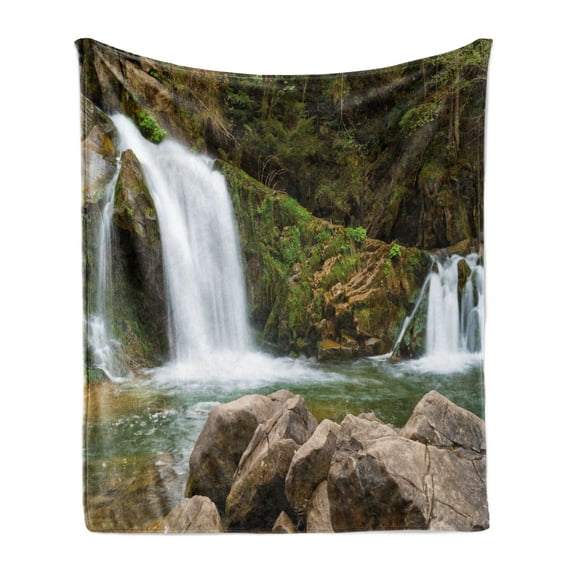 Waterfall Soft Flannel Fleece Blanket, Photo of Mother and Baby Waterfalls by the Mountain Side with Moss on Rocks, Cozy Plush for Indoor and Outdoor Use, 70" x 90", Green and Brown, by Ambesonne