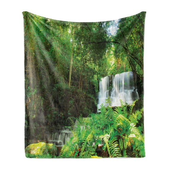Waterfall Soft Flannel Fleece Blanket, Spring Season Waterfall Hidden in Forest with Botanic Blossoms and Sunshine, Cozy Plush for Indoor and Outdoor Use, 70" x 90", Green and White, by Ambesonne