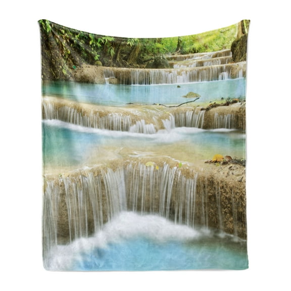 Waterfall Soft Flannel Fleece Blanket, Water Falls into the Lake Through the Rock Stairs in the Forest Artwork Print, Cozy Plush for Indoor and Outdoor Use, 50" x 70", Blue and Green, by Ambesonne