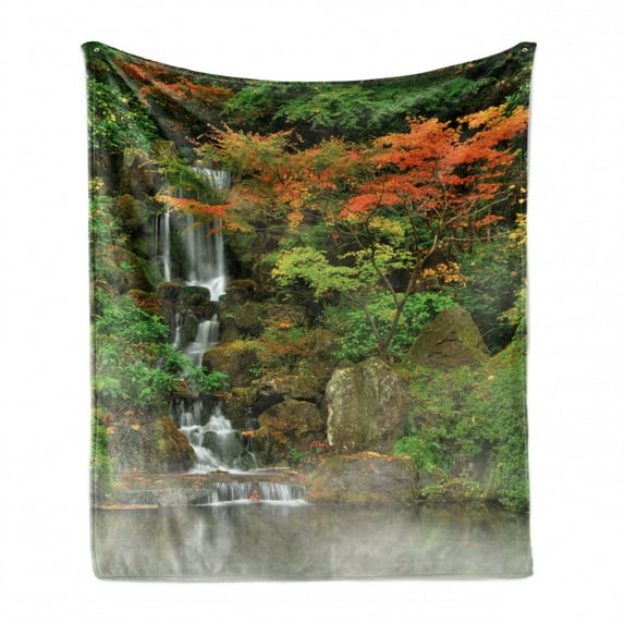 Waterfall Soft Flannel Fleece Blanket, Wild Small Cascade Pouring over Steep Stones Peaceful Fall Autumn Motion Scene, Cozy Plush for Indoor and Outdoor Use, 50" x 70", Orange Brown, by Ambesonne