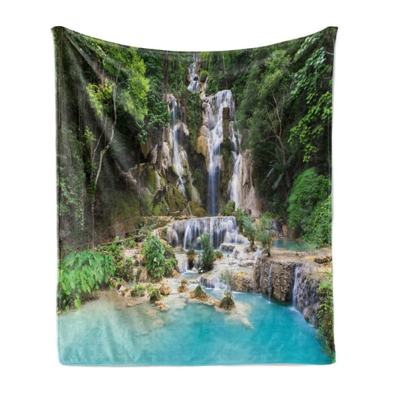Waterfall Soft Flannel Fleece Throw Blanket, Waterfall in Corner of Lake in Laos Surrounded by the Vietnamese Trees, Cozy Plush for Indoor and Outdoor Use, 60" x 80", Blue and Green, by Ambesonne