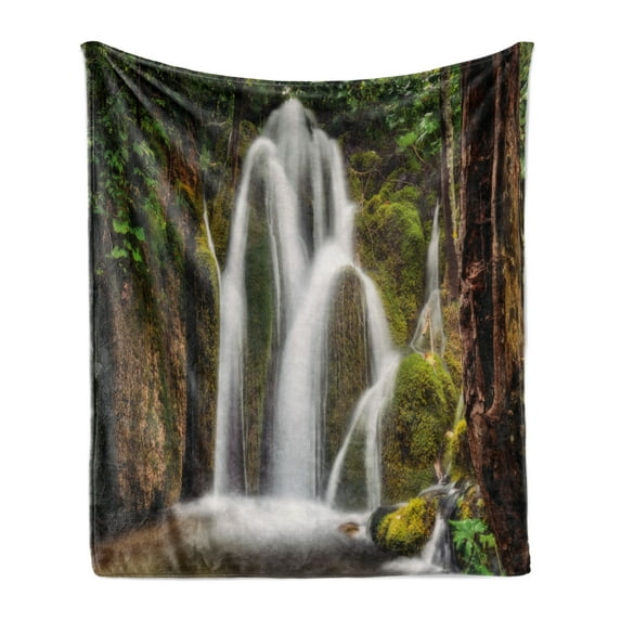 Waterfall Soft Flannel Fleece Throw Blanket, Epic Waterfall down the Cliffs Deep in Forest Natural Wonders Cascade Picture, Cozy Plush for Indoor and Outdoor Use, 60" x 80", White Green, by Ambesonne