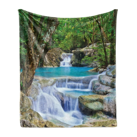 Waterfall Soft Flannel Fleece Throw Blanket, Fairy Image of Waterfall by the Rocks in Forest Secret Paradise, Cozy Plush for Indoor and Outdoor Use, 70" x 90", Green Blue and Brown, by Ambesonne