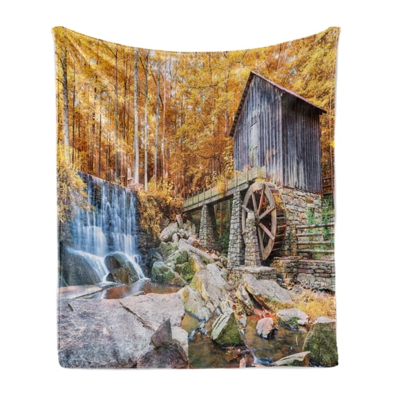 Waterfall Soft Flannel Fleece Throw Blanket, Fall Season Image of Historical Water Mill and Waterfall Outdoor Nature Art, Cozy Plush for Indoor and Outdoor Use, 50" x 70", Yellow Brown, by Ambesonne