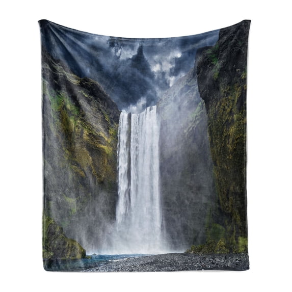 Waterfall Soft Flannel Fleece Throw Blanket, Waterfall and Grand Cliffs in Northern America Force of Nature Art Print, Cozy Plush for Indoor and Outdoor Use, 50" x 60", Green Blue White, by Ambesonne