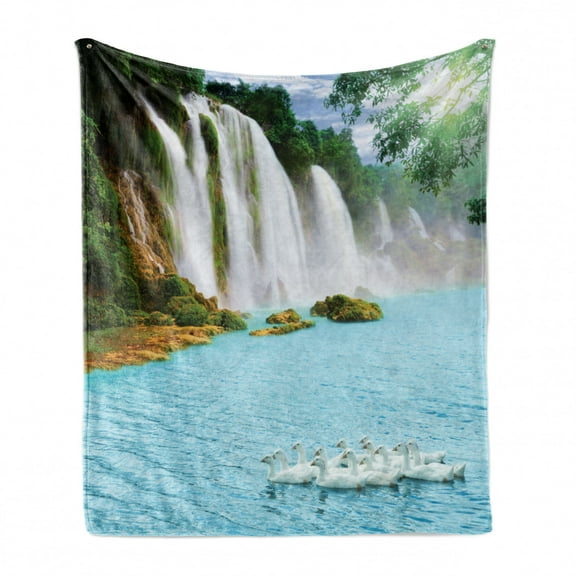 Waterfall Soft Flannel Fleece Throw Blanket, Image of a Grand Waterfall with Swans in the Lake Sunny Day Nature Print, Cozy Plush for Indoor and Outdoor Use, 60" x 80", Blue Green White, by Ambesonne