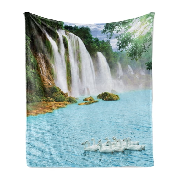 Waterfall Soft Flannel Fleece Throw Blanket, Image of a Grand Waterfall with Swans in the Lake Sunny Day Nature Print, Cozy Plush for Indoor and Outdoor Use, 70" x 90", Blue Green White, by Ambesonne