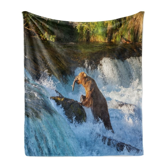 Waterfall Soft Flannel Fleece Throw Blanket, Image of Large Bear by a Rock in Alaska Waterfall Wildlife in Earth Art Print, Cozy Plush for Indoor and Outdoor Use, 70" x 90", Multicolor, by Ambesonne