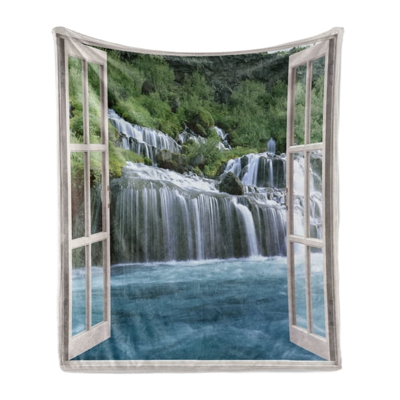 Waterfall Soft Flannel Fleece Throw Blanket, Majestic Waterfall Landscape Through a Window Imaginary Secret Paradise Print, Cozy Plush for Indoor and Outdoor Use, 50" x 70", Blue Green, by Ambesonne