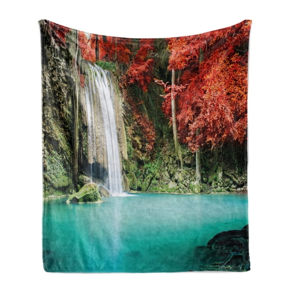 Waterfall Soft Flannel Fleece Throw Blanket, Nature Single River in Corner of the Deep Forest Fair Fall Oak Trees, Cozy Plush for Indoor and Outdoor Use, 50" x 70", Red and Blue, by Ambesonne
