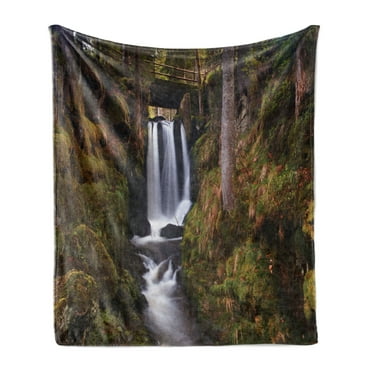 Waterfall Soft Flannel Fleece Throw Blanket, Waterfall Under Old Wooden Bridge in Forest Exotic Nature Theme, Cozy Plush for Indoor and Outdoor Use, 70" x 90", Green Brown White, by Ambesonne