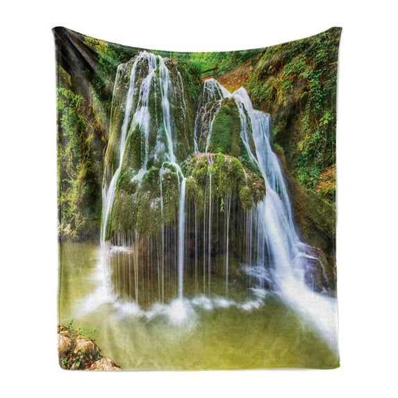 Waterfall Soft Flannel Fleece Throw Blanket, Water Falls to Lake Above Rock Umbrella Covered with Botanic Plants Photo, Cozy Plush for Indoor and Outdoor Use, 50" x 60", White and Green, by Ambesonne