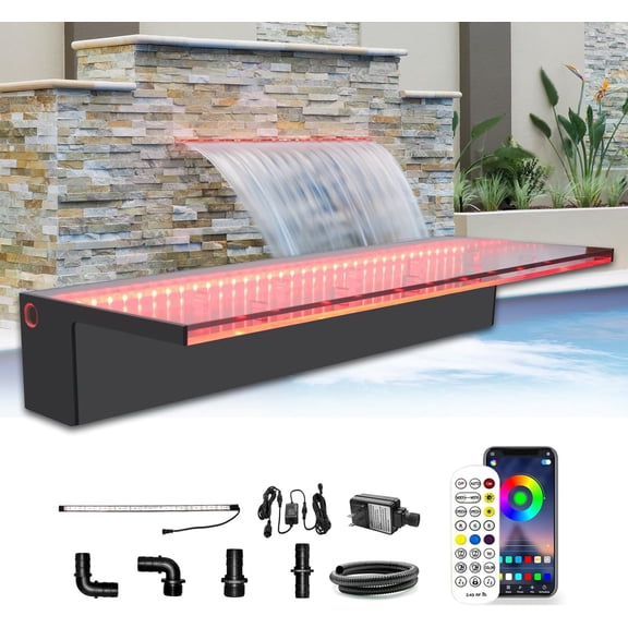 Waterfall Spillway, APP Control Multi-Color LED Light Outdoor Pool Fountain, Acrylic Water Spillway Koi Pond Waterfalls Fountains Kit for Garden Patio Swimming Pool Decoration-23.6"