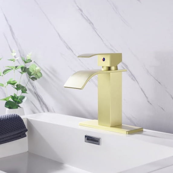 Waterfall Spout Bathroom Vessel Faucet, Tall Waterfall Single Handle One Hole Deck Mount Mixer Bowl Tap with Large Rectangular Spout, Bar Sink Faucet Lavatory Vanity with Overflow, Gold