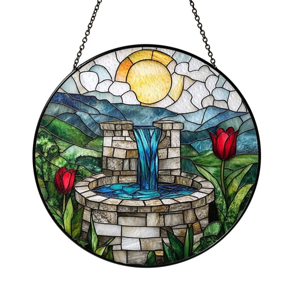 Waterfall Stone Well Scene Glass Suncatcher Round Window Hanging, Peaceful Nature Landscape Decor Gift for Mom