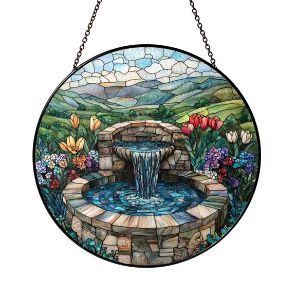 Waterfall Stone Well Stained Glass Style Suncatcher, Scenic Round Window Hanging Gift for Mom and Nature Lovers