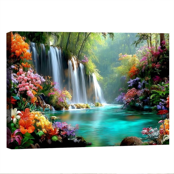 Waterfall and Stream Canvas Wall Art for Living Room, Bedroom & Bathroom - Serene Flowing Water Nature Landscape Painting, Tranquil Forest Wall Decor, Waterproof Framed Print, Ready to Hang