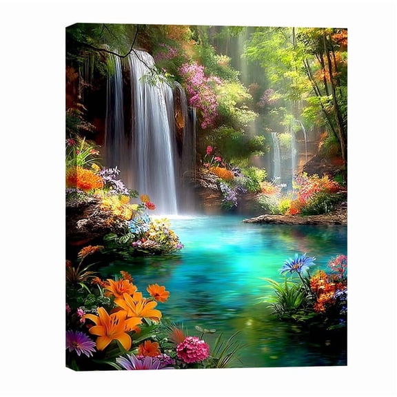 Waterfall and Stream Canvas Wall Art for Living Room, Bedroom & Bathroom - Serene Flowing Water Nature Landscape Painting, Tranquil Forest Wall Decor, Waterproof Framed Print, Ready to Hang