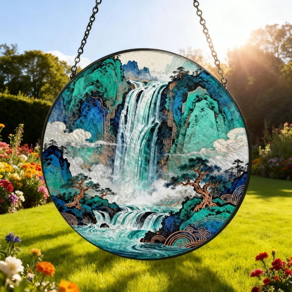 Waterfall Suncatcher Stained Glass Whimsical River Mountain Landscape Garden Suncatcher Window Hanging Glass Ornament