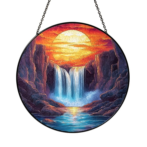 Waterfall Sunset Stained Glass Clipart Round Digital Scene