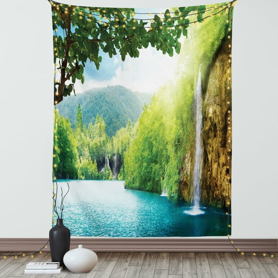 Waterfall Tapestry, Croatian Lake Landscape in Forest with Mountain View Background Work of Art, Wall Hanging for Bedroom Living Room Dorm Decor, 40W X 60L Inches, Green and Blue, by Ambesonne