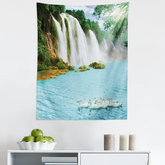Waterfall Tapestry, Image of a Grand Waterfall with Swans in the Lake Sunny Day Nature Print, Fabric Wall Hanging Decor for Bedroom Living Room Dorm, 5 Sizes, Blue Green White, by Ambesonne