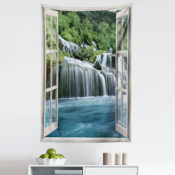 Waterfall Tapestry, Majestic Waterfall Landscape Through a Window Imaginary Secret Paradise Print, Fabric Wall Hanging Decor for Bedroom Living Room Dorm, 5 Sizes, Blue Green, by Ambesonne