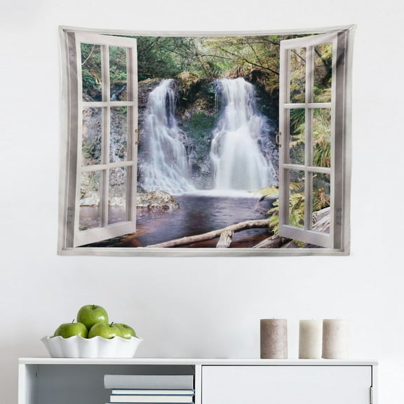 Waterfall Tapestry, Majestic Waterfall Landscape Through a Window Imaginary Secret Paradise Print, Fabric Wall Hanging Decor for Bedroom Living Room Dorm, 2 Sizes, Blue Green, by Ambesonne