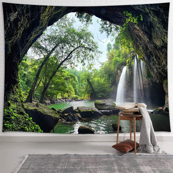 Waterfall Tapestry Mountain Cave Tapestry Wall Hanging, Nature Landscape with Green Forest Tapestries, Tree Tapestry Wall Deocr for Bedroom Living Room Dorm