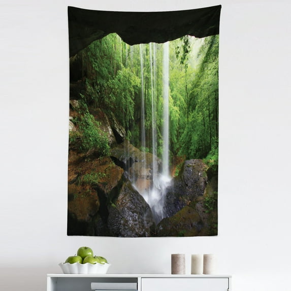 Waterfall Tapestry, Still Waterfall in the Forest in Northern Alabama Habitat Ecosystem Scenery, Fabric Wall Hanging Decor for Bedroom Living Room Dorm, 5 Sizes, Green Brown, by Ambesonne