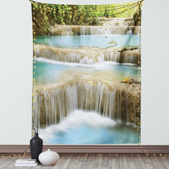 Waterfall Tapestry, Water Falls into The Lake through The Rock Stairs in The Forest Artwork Print, Wall Hanging for Bedroom Living Room Dorm Decor, 40W X 60L Inches, Blue and Green, by Ambesonne