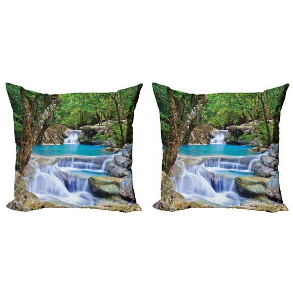 Ambesonne Nature Throw Pillow Cover 2 Pack, Rocks in Waterfall Lake, 18", Green Blue and Brown