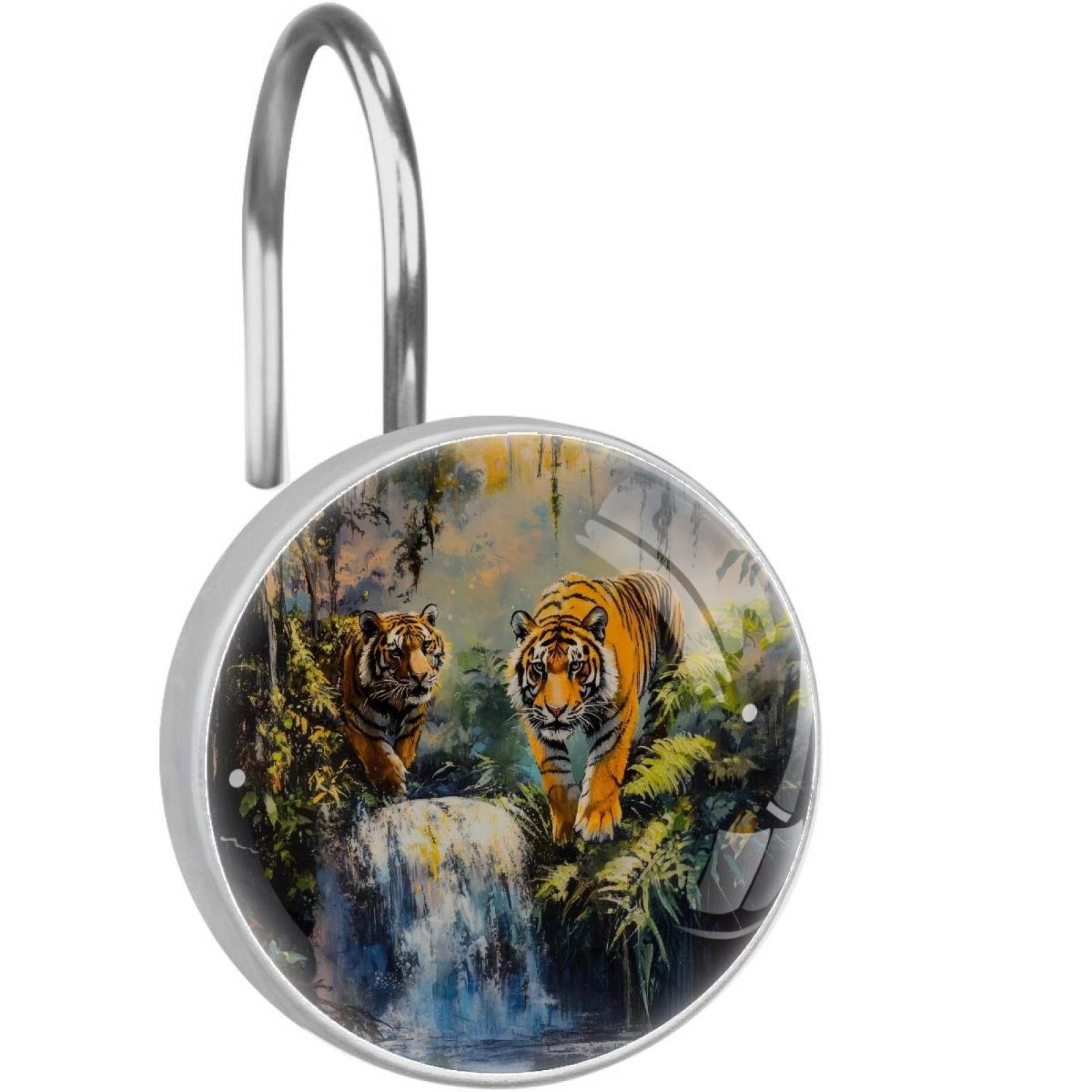 Waterfall Tigers Bush Shower Curtain Hooks Round Crystal Glass, Set of 12 Shower Curtain Rings - Shower Hooks for Curtain Shower Rings