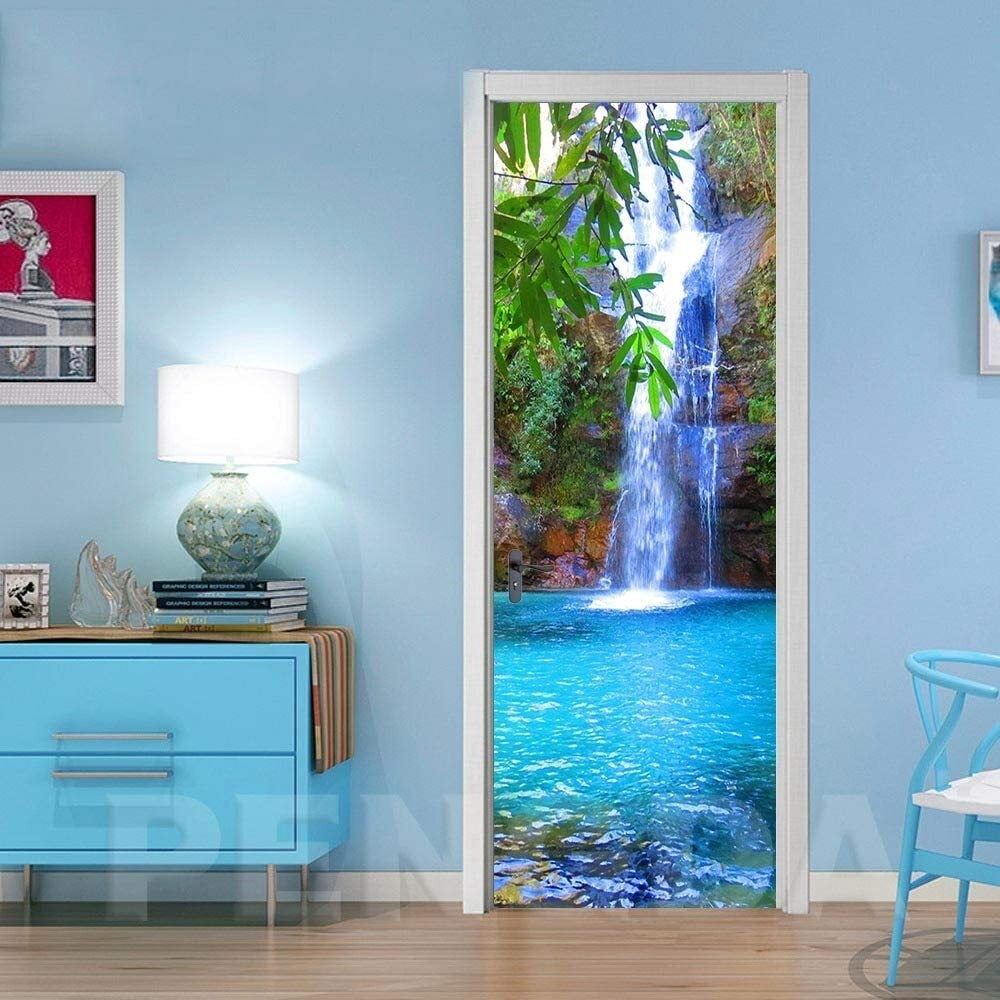 Waterfall Tree Nature Landscape Wallpaper Door Trompe L'Oeil For Living Room Bedroom Home Decoration Wall Stickers Self Adhesive Removable Decals 77X200Cm