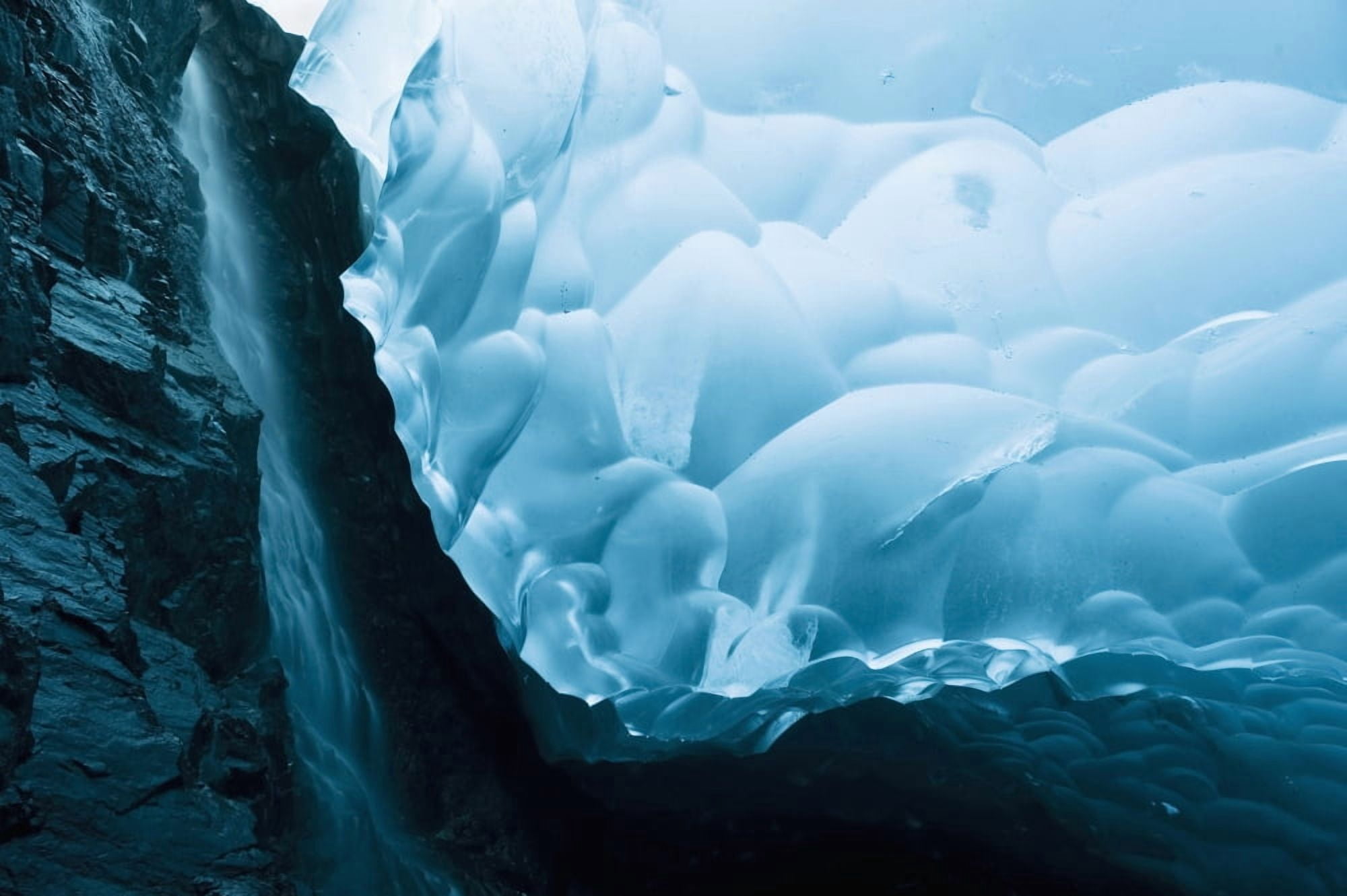 A Waterfall Trickles Its Way Down The Rock Face Of An Ice Cave Inside The Mendenhall Glacier Juneau Southeast Alaska Summer Canvas Art - Chris Miller Design Pics (38 x 24)