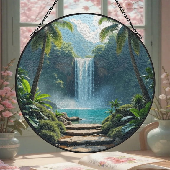 Waterfall Tropical Landscape Stained Glass Window Hanging 8 Inch Suncatcher Glass Panel with Chain Round Sun Catchers Indoor Wall Art Home Decor Gift for Lovers Couples Women Mother's Day